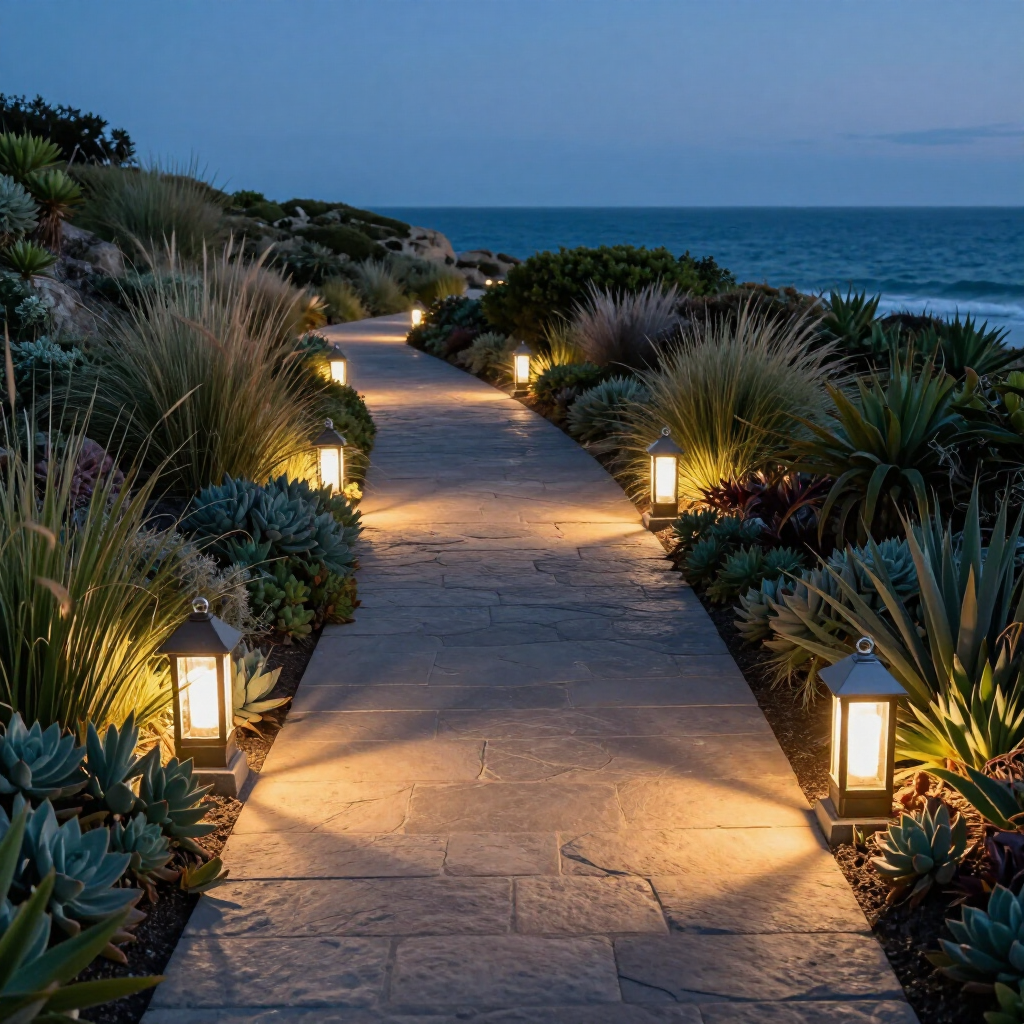 A stone path winds through a coastal garden at dusk, illuminated by glowing lanterns, with the ocean in the distance. A stone path winds through a coastal garden at dusk, illuminated by glowing lanterns, with the ocean in the distance.
