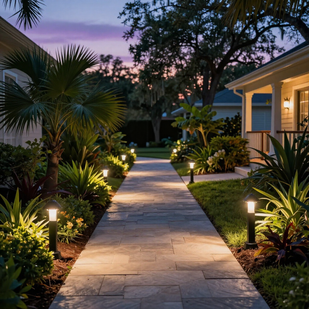 A stone pathway at twilight, lined with lit garden lamps leading toward two houses surrounded by tropical foliage. A stone pathway at twilight, lined with lit garden lamps leading toward two houses surrounded by tropical foliage.