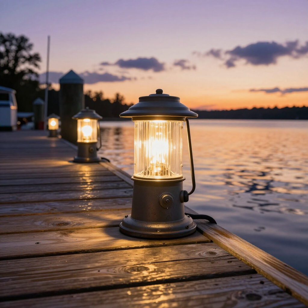 Lit lanterns line a wooden dock overlooking a lake at sunset. Lit lanterns line a wooden dock overlooking a lake at sunset.
