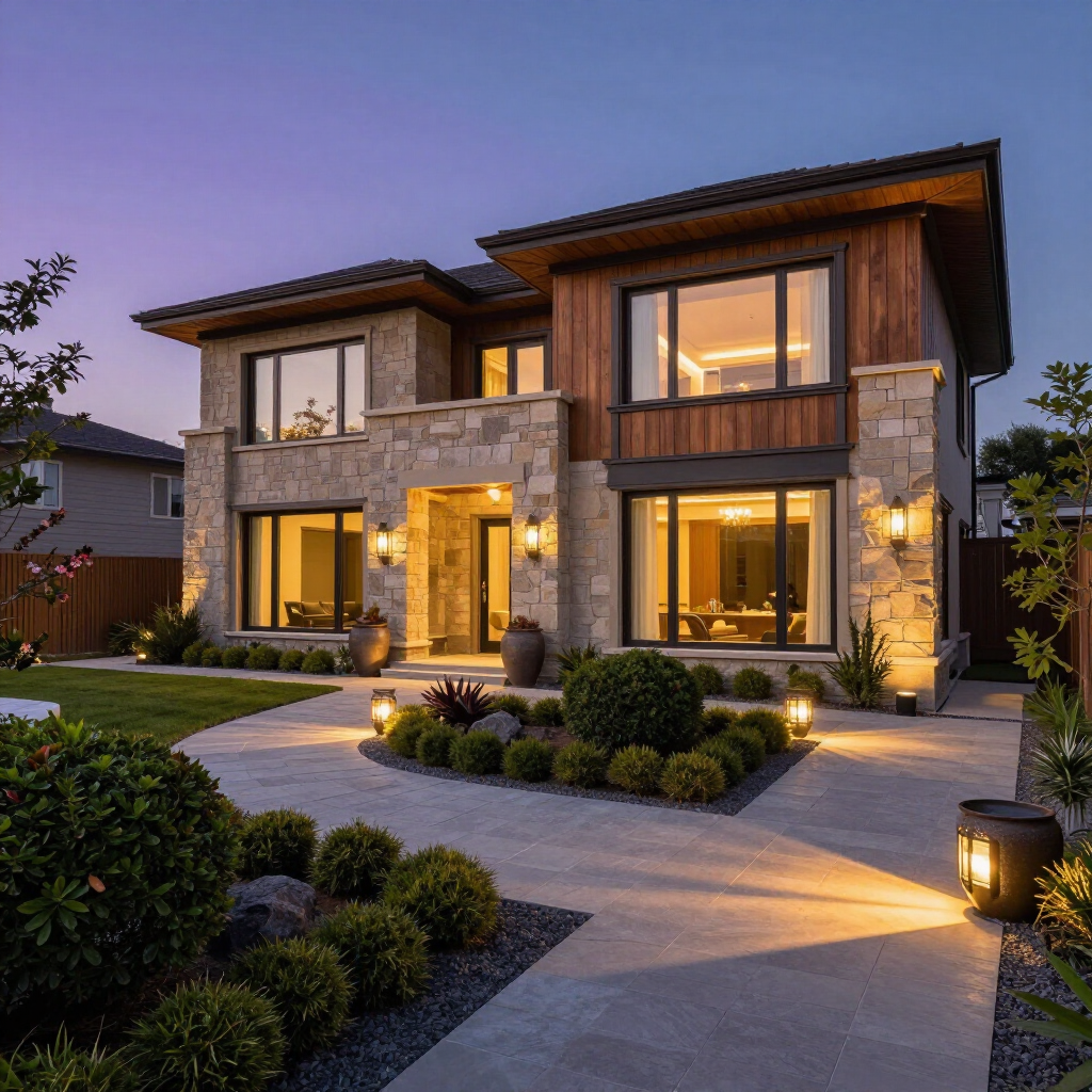 A two-story modern stone and wood house illuminated by warm exterior lights at twilight with a manicured front garden. A two-story modern stone and wood house illuminated by warm exterior lights at twilight with a manicured front garden.