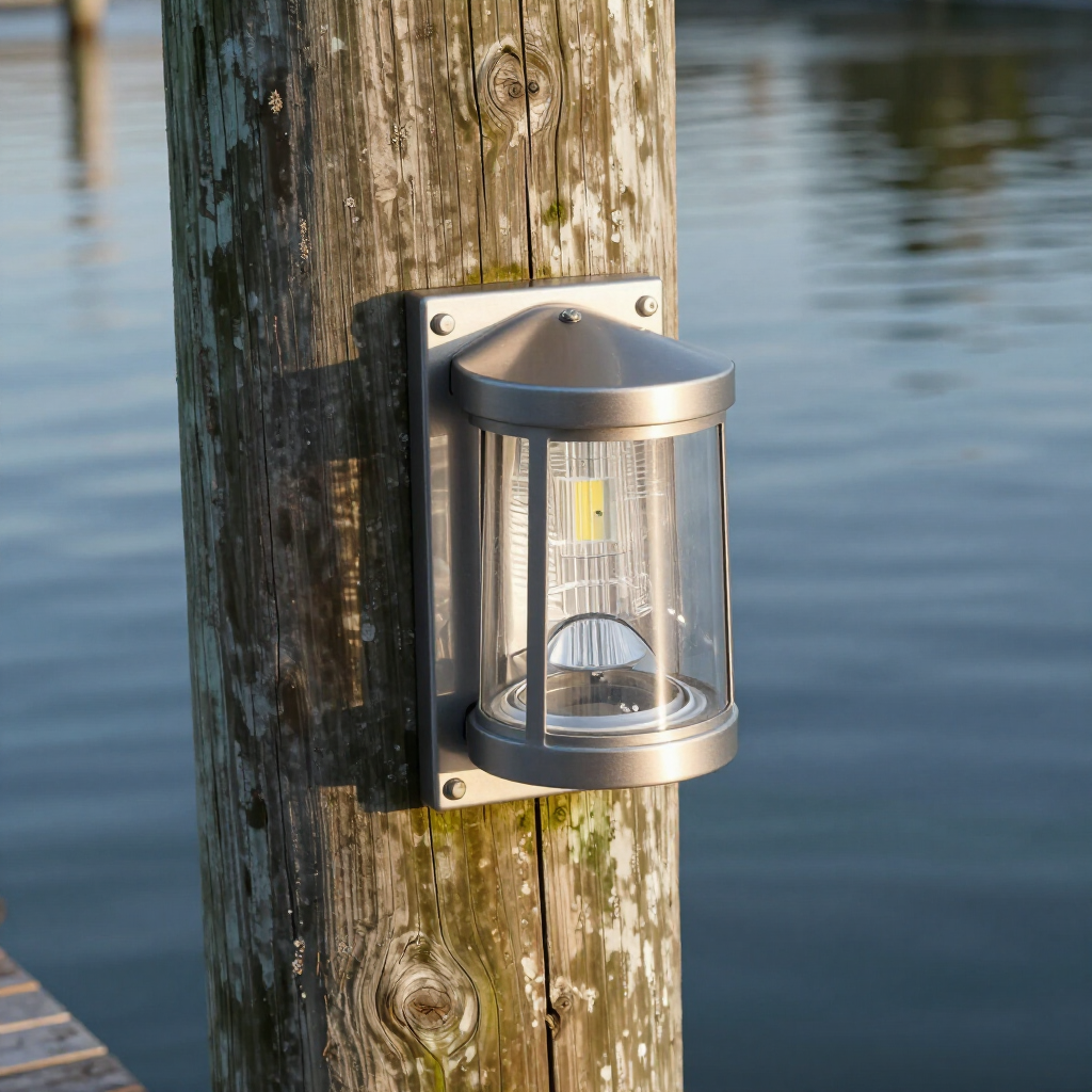 A silver, cylindrical dock light mounted on a weathered wooden piling overlooking a body of water. A silver, cylindrical dock light mounted on a weathered wooden piling overlooking a body of water.