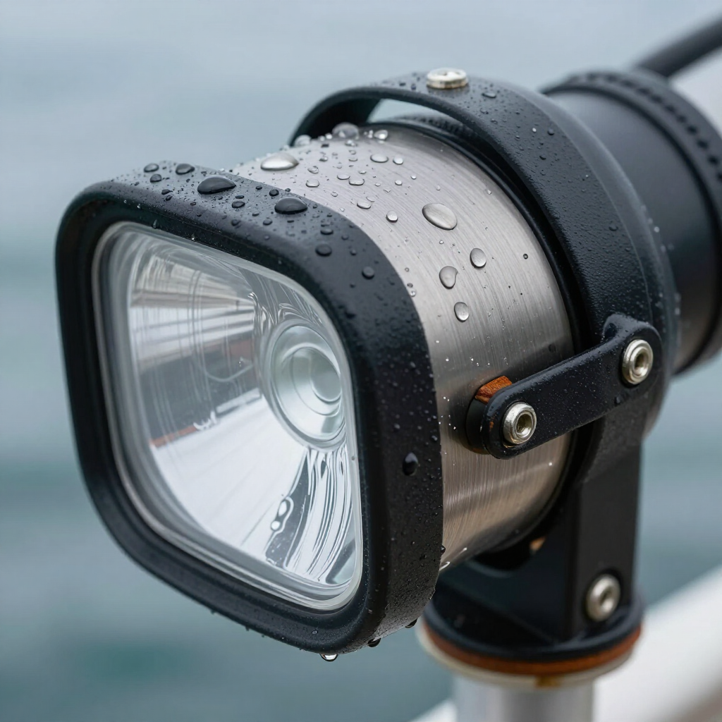 A metallic, rectangular-lens spotlight attached to a mount, covered in raindrops against a blurry, grey marine background. A metallic, rectangular-lens spotlight attached to a mount, covered in raindrops against a blurry, grey marine background.