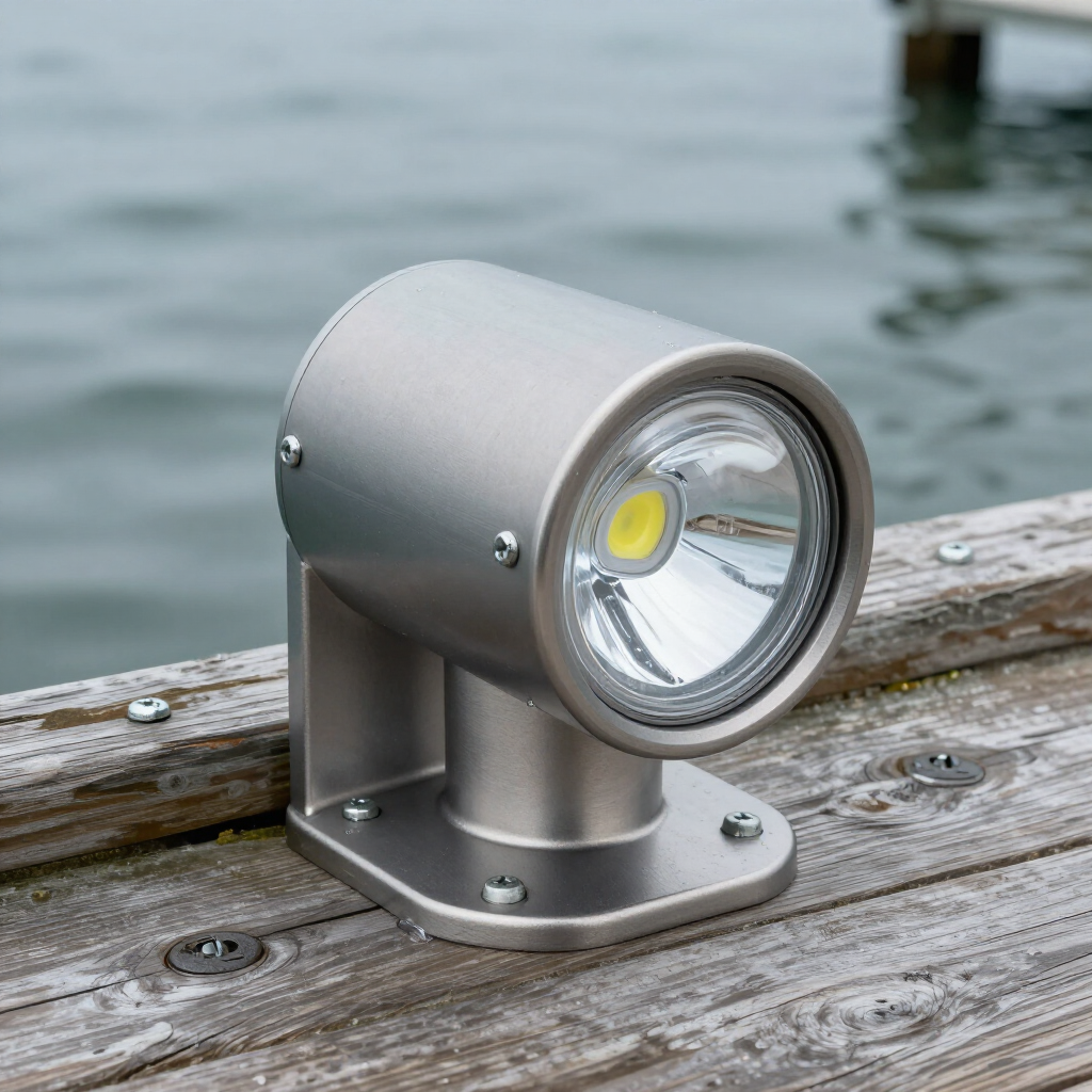 A brushed metal LED spotlight mounted on a weathered wooden dock overlooking a body of water. A brushed metal LED spotlight mounted on a weathered wooden dock overlooking a body of water.