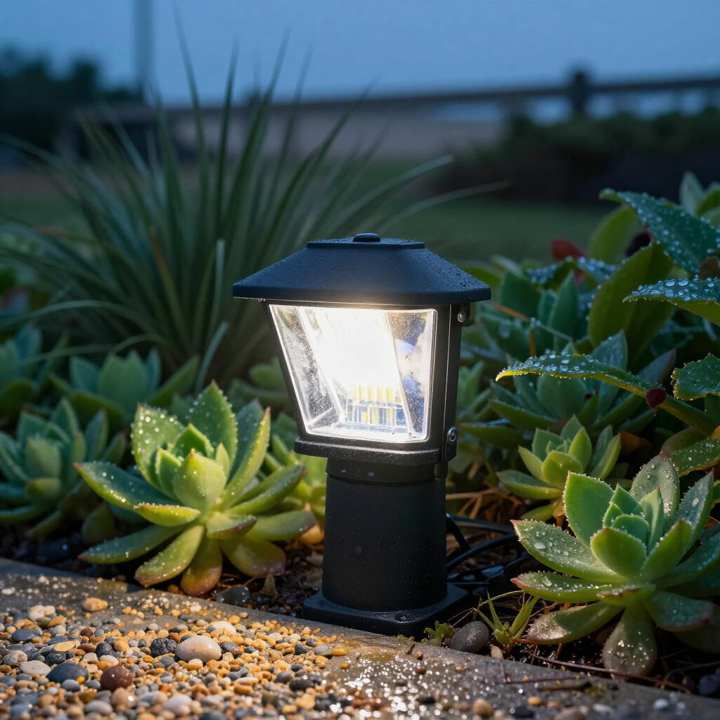 A glowing black garden lantern illuminates succulents and pebbles at dusk. A glowing black garden lantern illuminates succulents and pebbles at dusk.
