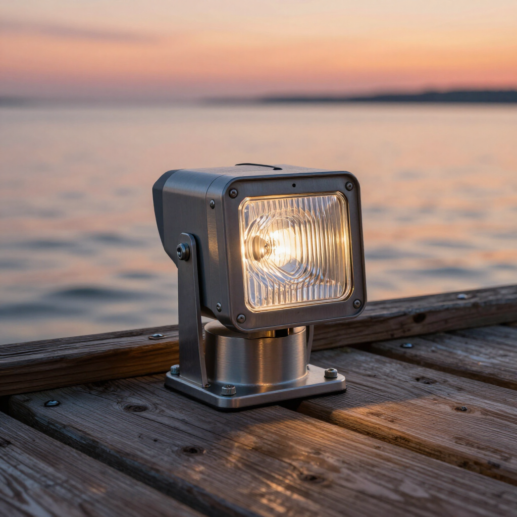A metallic, square-shaped marine spotlight shines on a wooden dock at sunset with a body of water in the background. A metallic, square-shaped marine spotlight shines on a wooden dock at sunset with a body of water in the background.