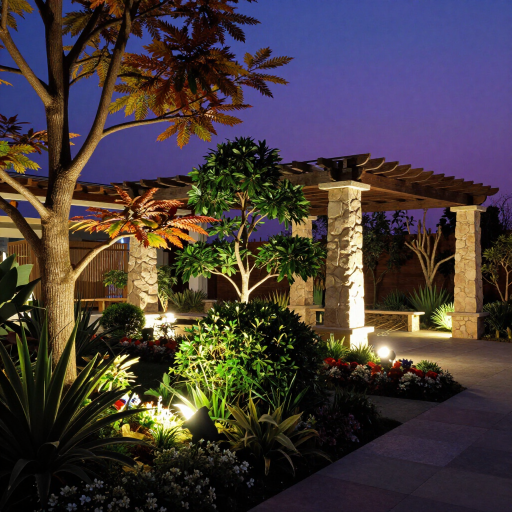 A night scene of a lit backyard garden with a stone pergola, lush plants, and warm landscape lighting at dusk. A night scene of a lit backyard garden with a stone pergola, lush plants, and warm landscape lighting at dusk.