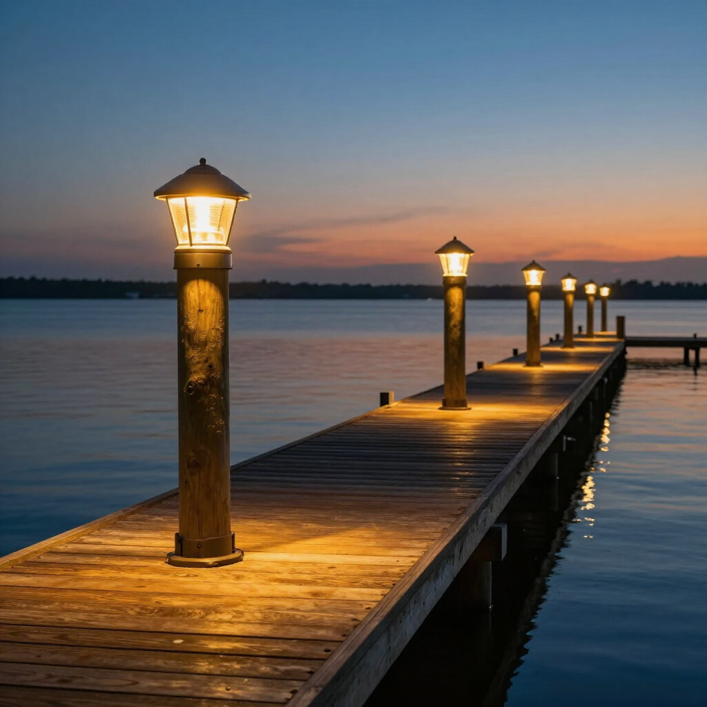 A wooden pier extending into calm water at sunset, illuminated by a row of warm, glowing post lights. A wooden pier extending into calm water at sunset, illuminated by a row of warm, glowing post lights.