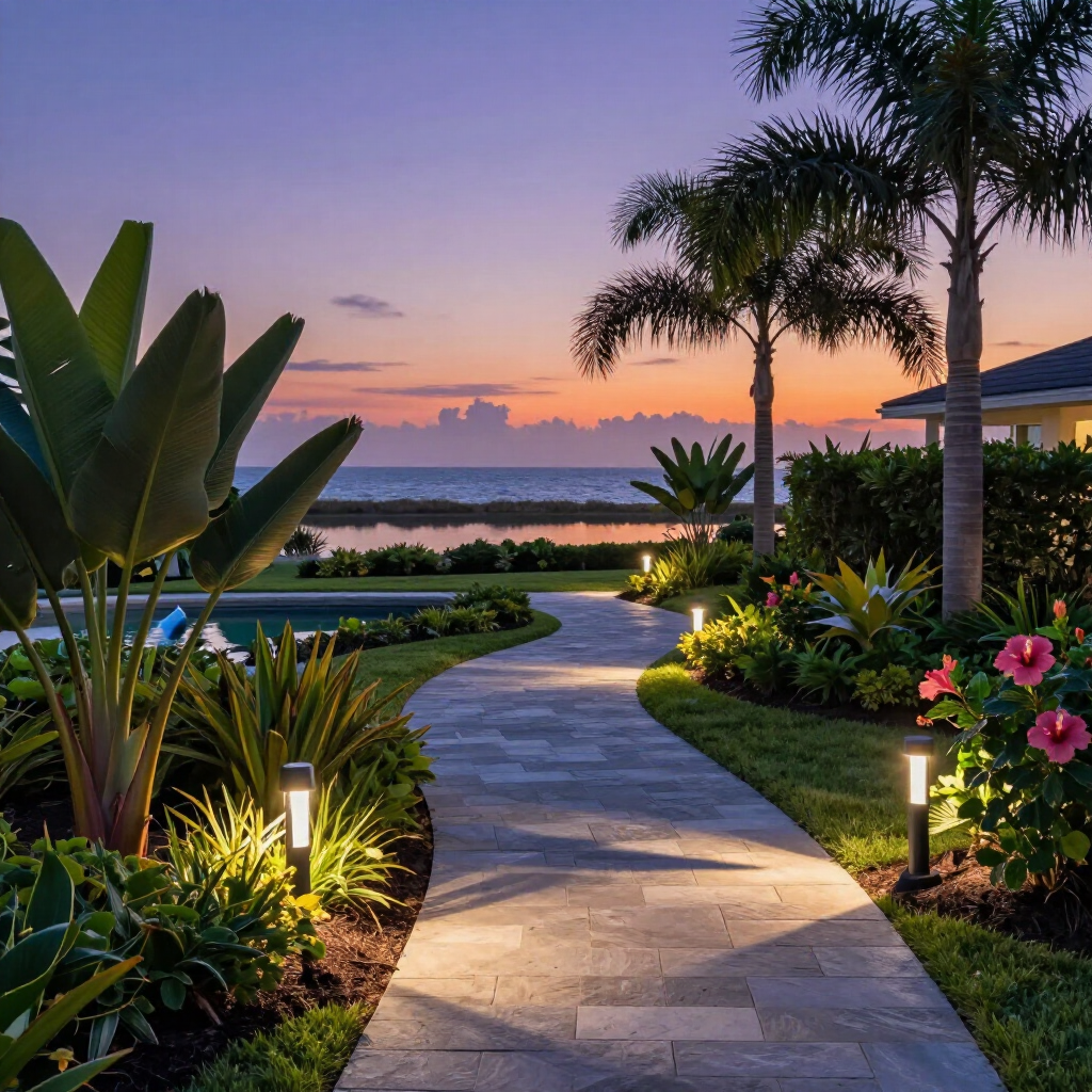 A stone path leads through a lush tropical garden at sunset, lit by modern pathway lights, overlooking the ocean. A stone path leads through a lush tropical garden at sunset, lit by modern pathway lights, overlooking the ocean.