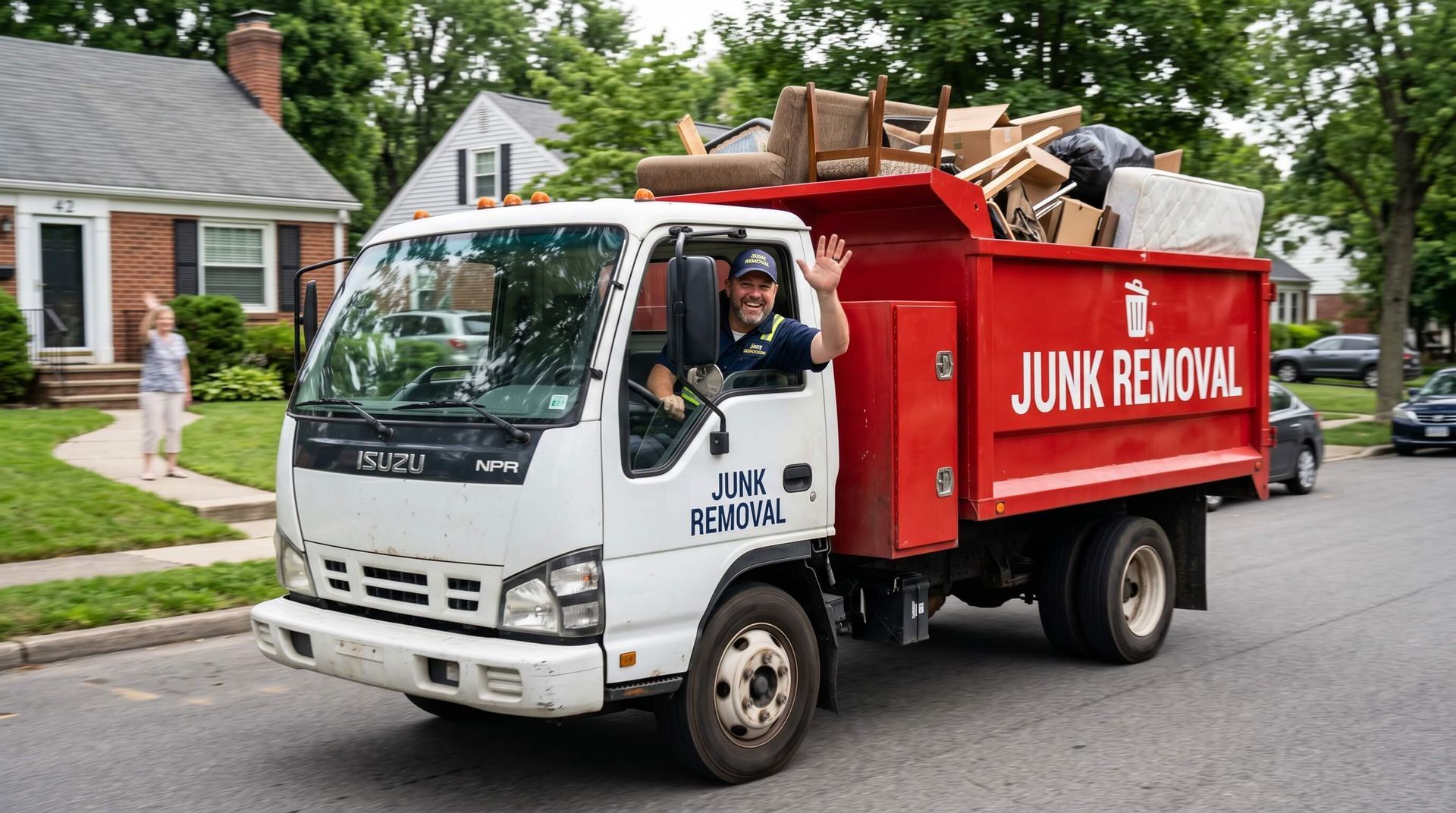 Man driving junk removal truck and waving goodbye