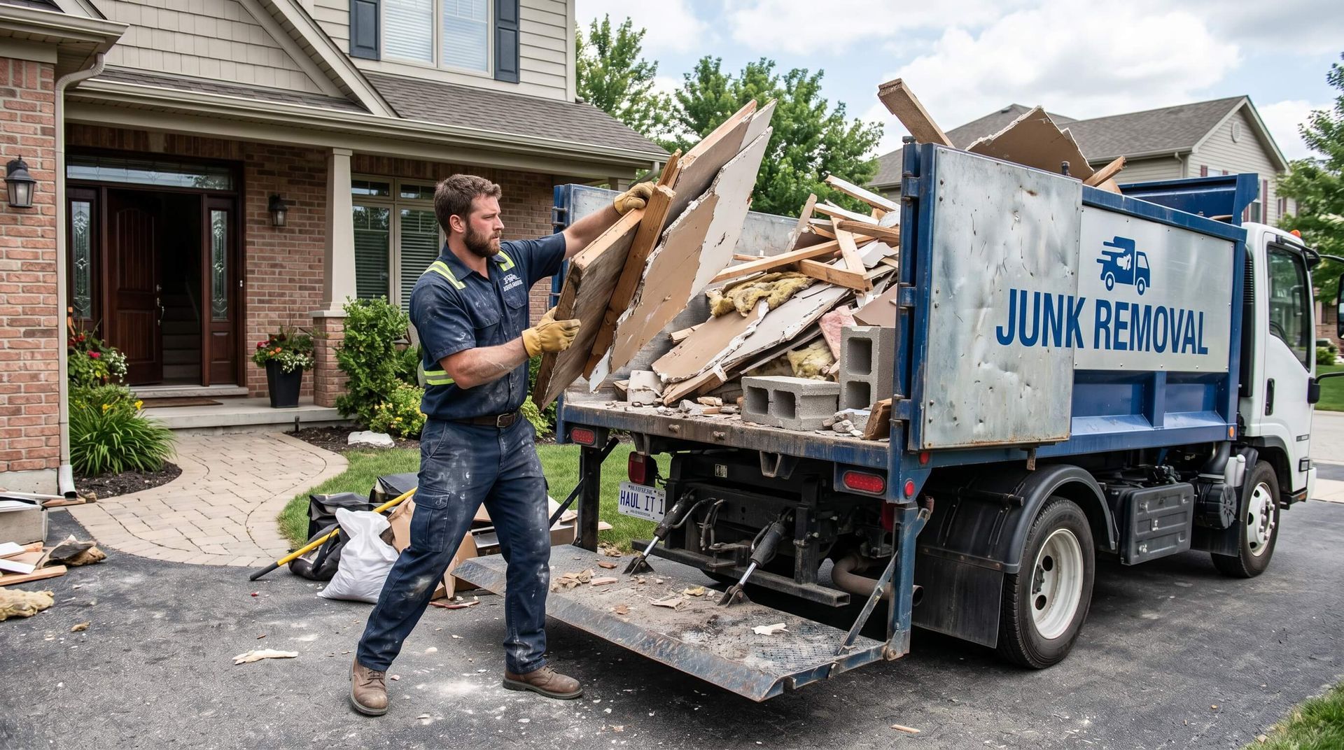 Man loading up the rear of a junk removal truck with home renovation debris
