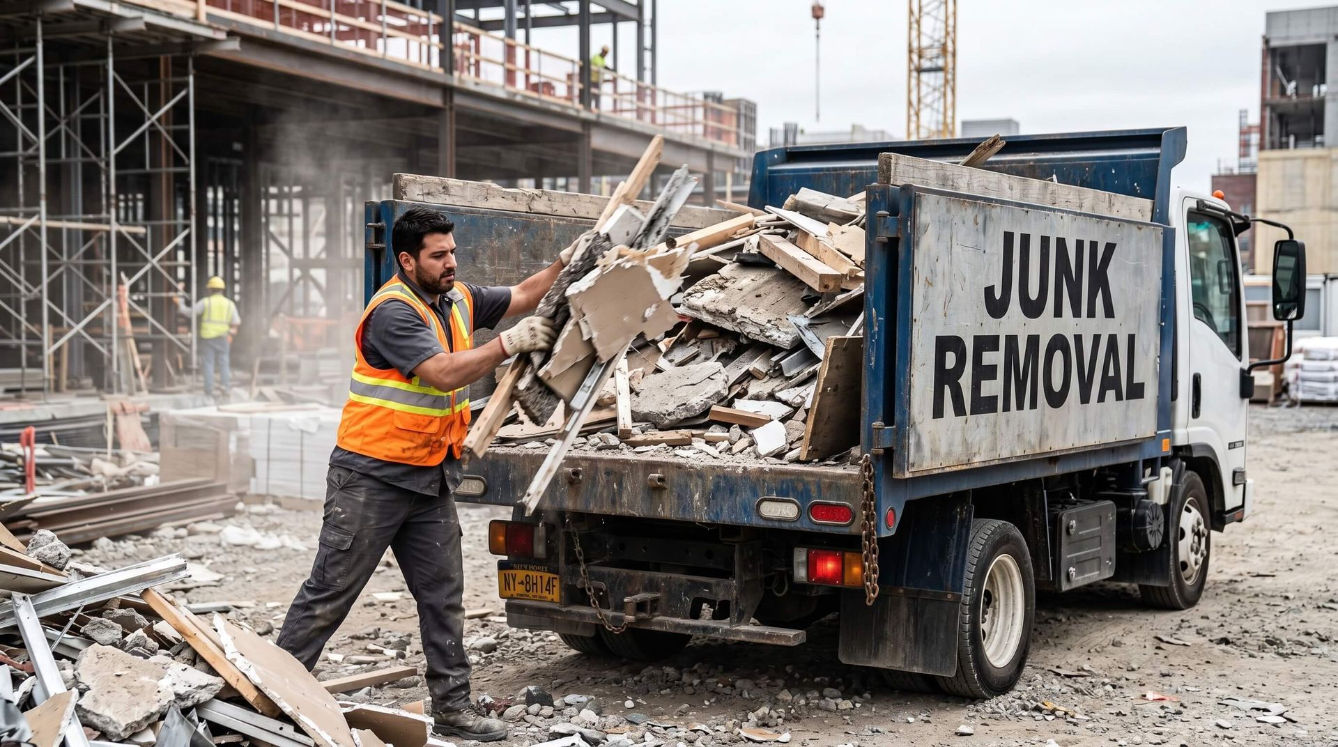 Man diligently loading the rear of a junk removal truck with debris from a commercial work site
