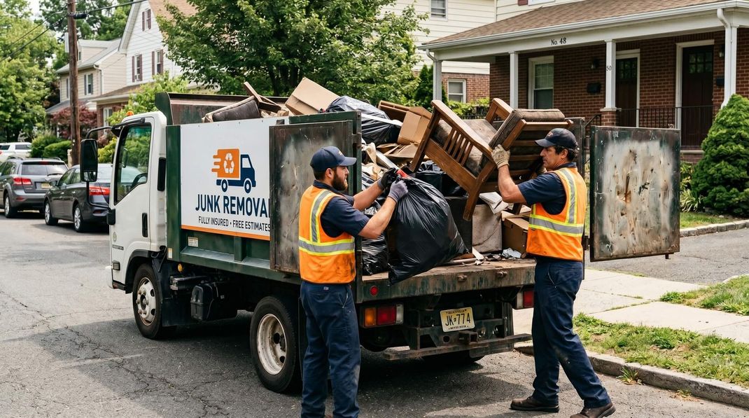 2 men loading the back of a junk removal truck for a homeowner