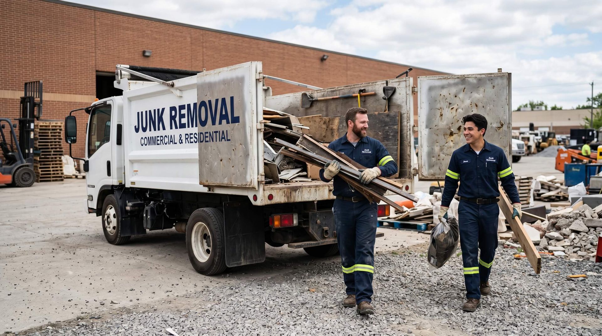 2 men admiring their work of carrying debris from a commercial site onto their junk removal truck