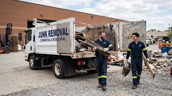 2 men carrying trash from a commercial work site to the junk removal truck