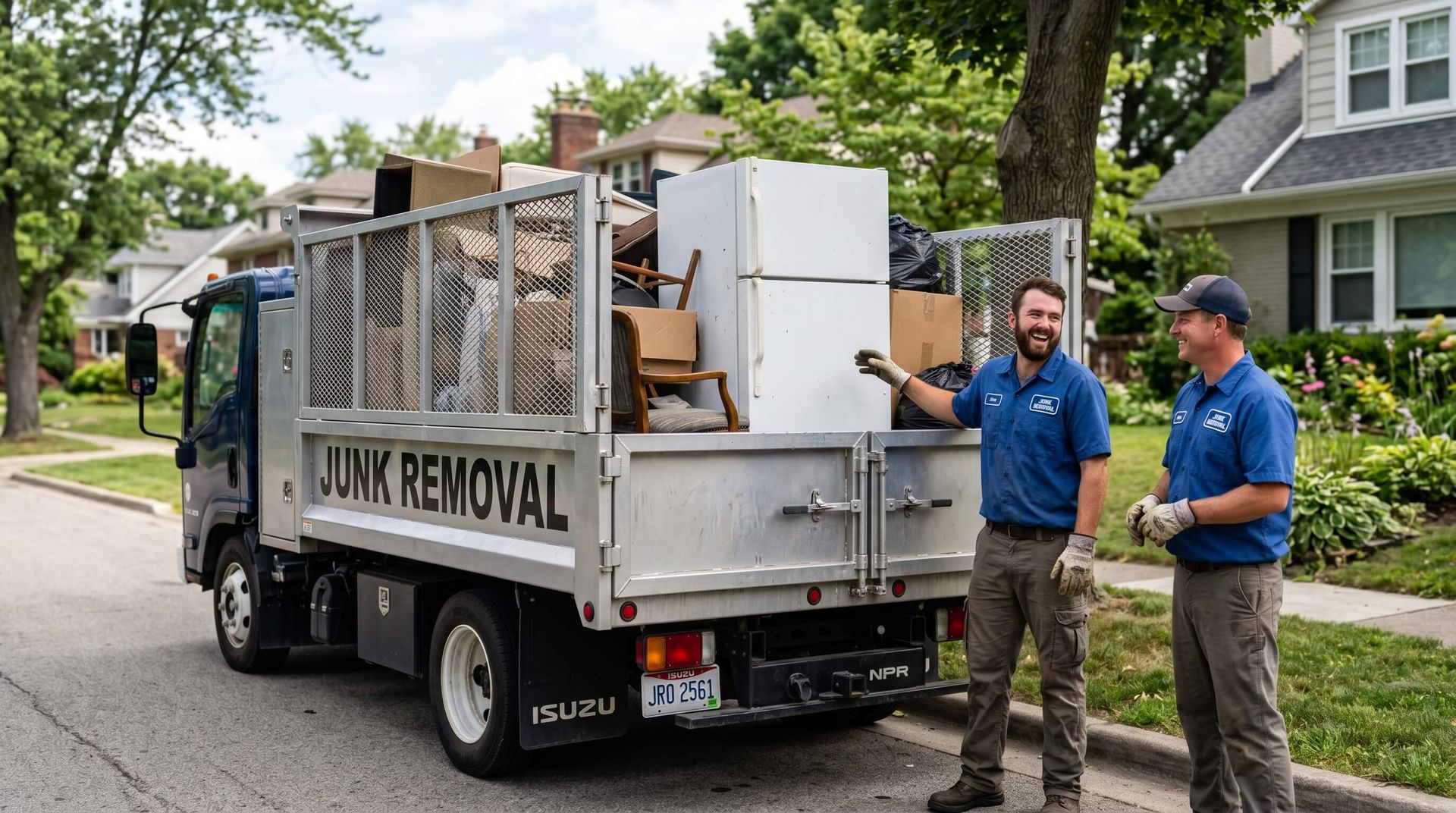 2 men proudly discuss loading a junk removal truck with an appliance