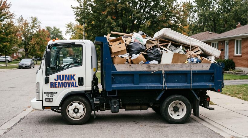A junk removal truck filled with junk parked in front of a house