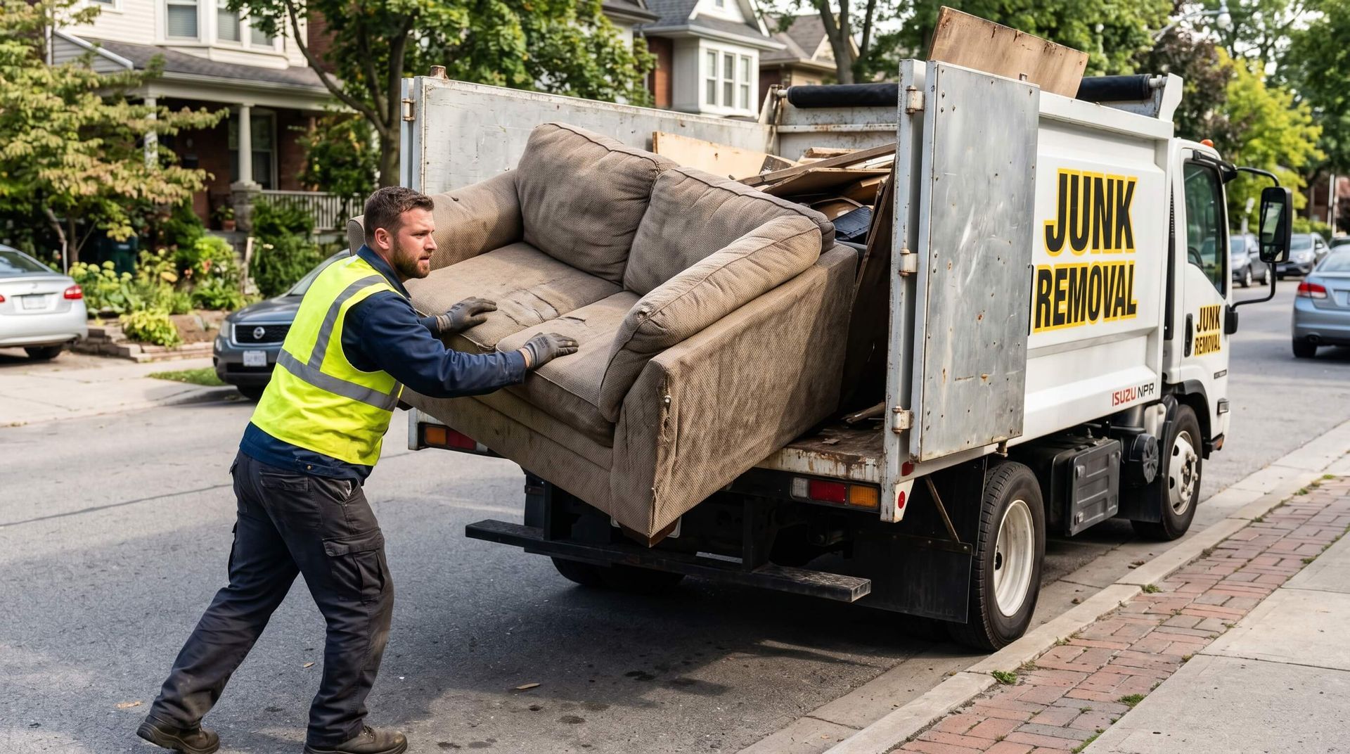 Man loading a couch onto the rear of a junk removal truck