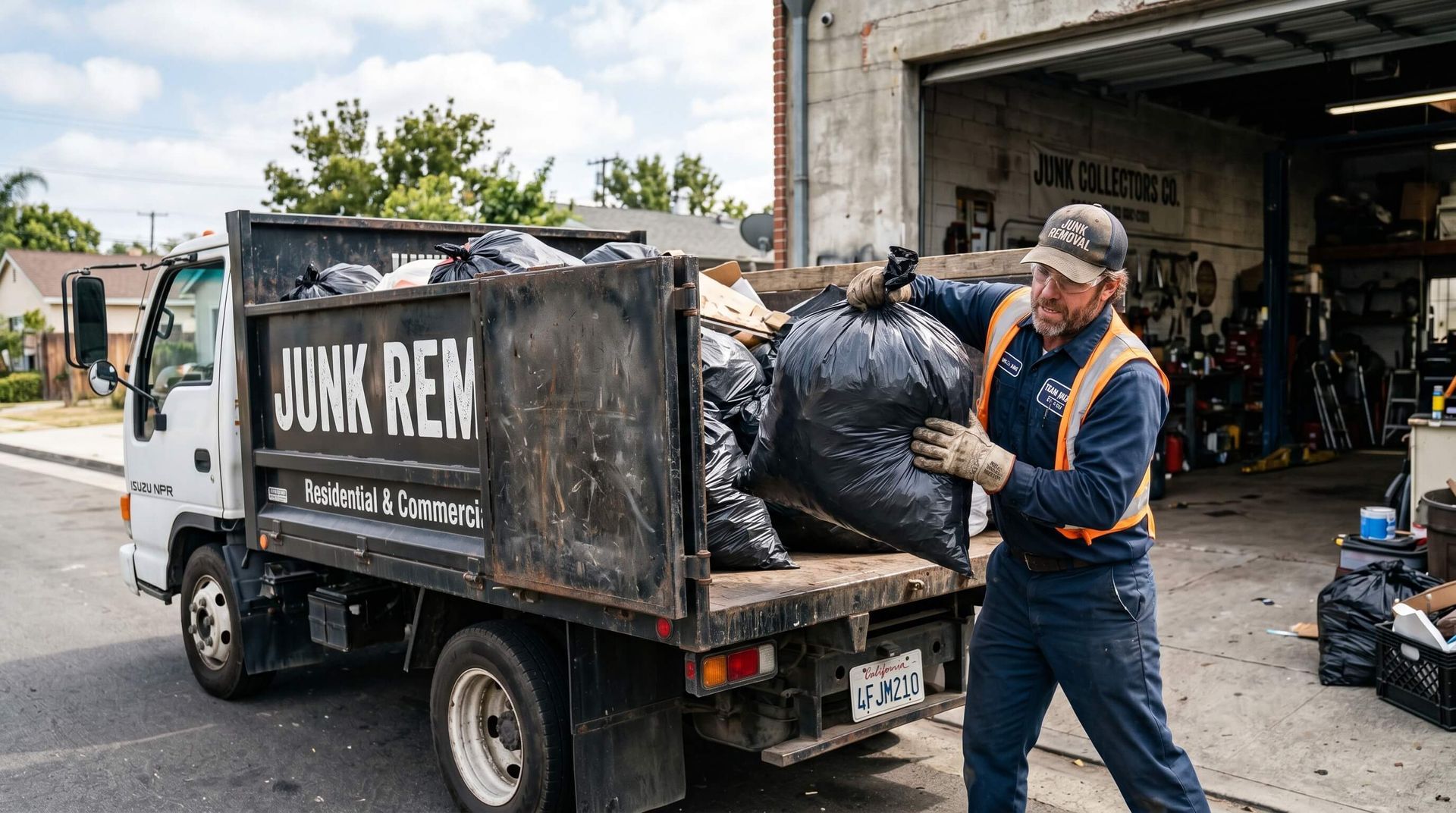 Man loading up garbage bags from a garage onto the back of a junk removal truck