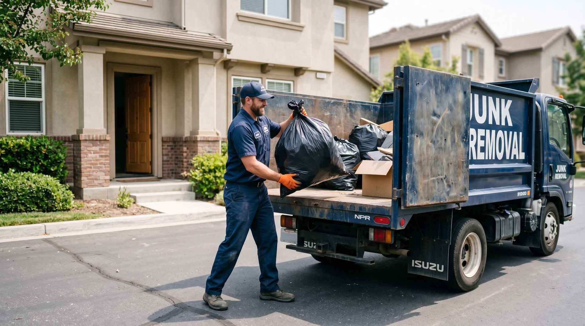 Man loading up the rear of a junk removal truck with a trash bag from a house