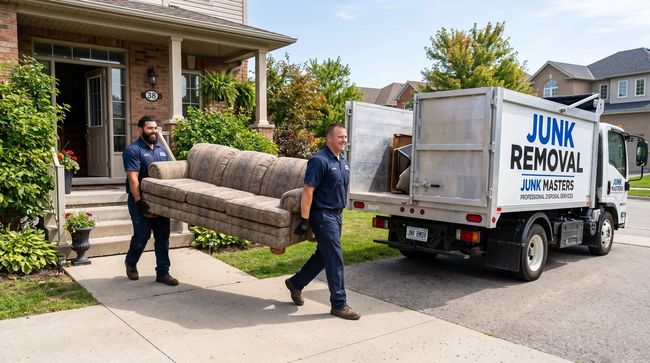 2 men carrying a sofa to the junk removal truck