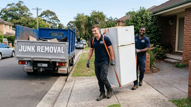 2 men carrying a refrigerator with straps to the junk removal truck