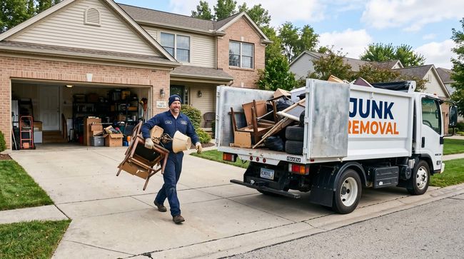 Man carrying junk from the garage to the junk removal truck