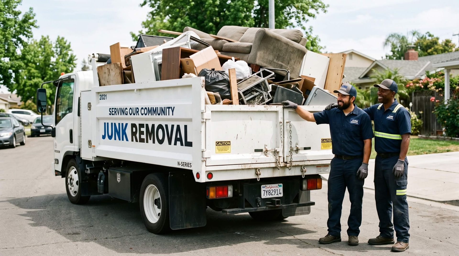 2 men admiring their work loading up a junk removal truck with trash from the garage