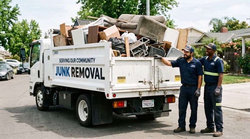 2 men admiring their work of loading a junk removal truck filled to the brim with junk