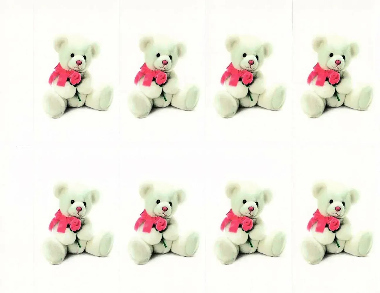 Eight small white teddy bears with pink bows arranged in two rows on a white background