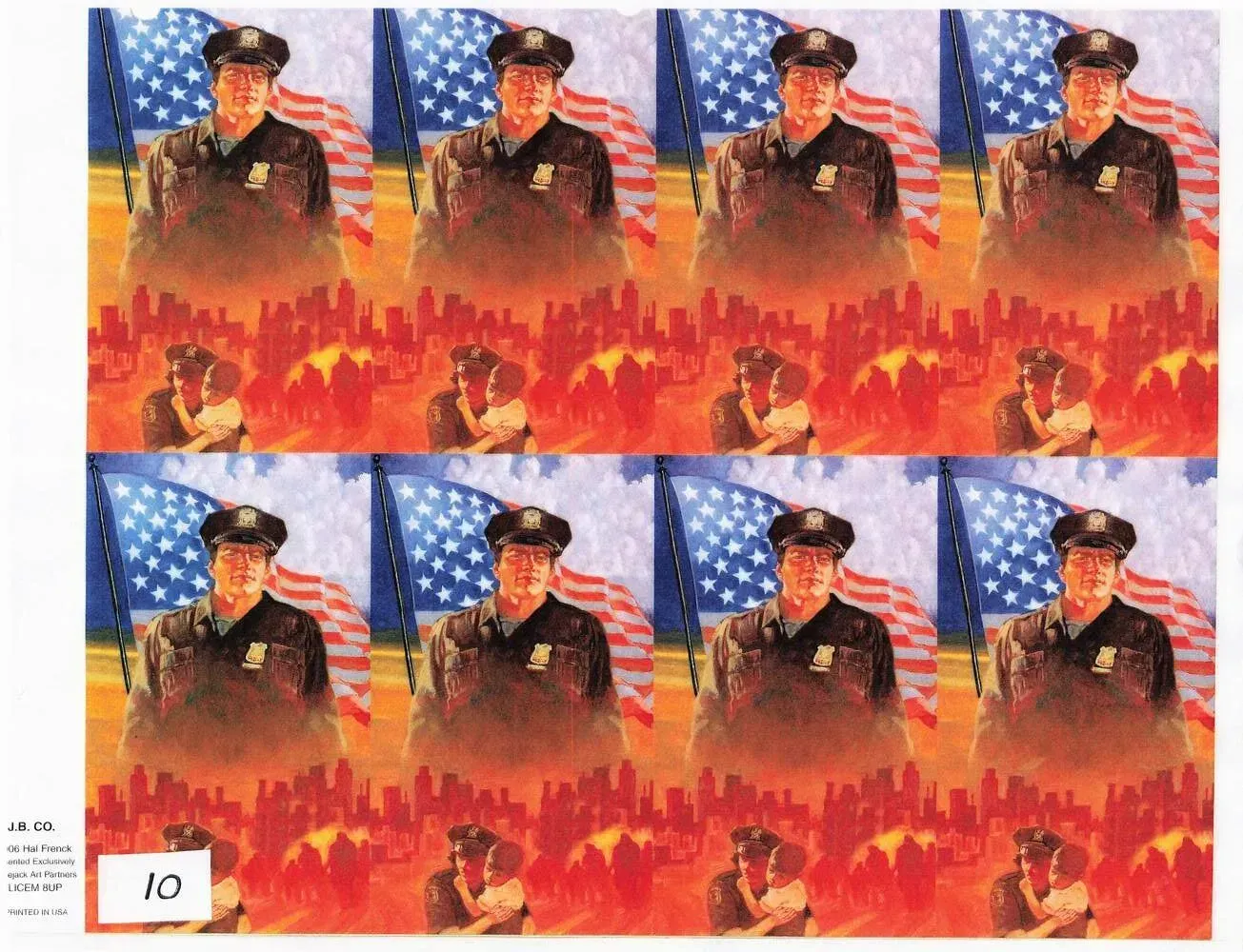 Repeating poster of a uniformed officer over blue stars and red flames
