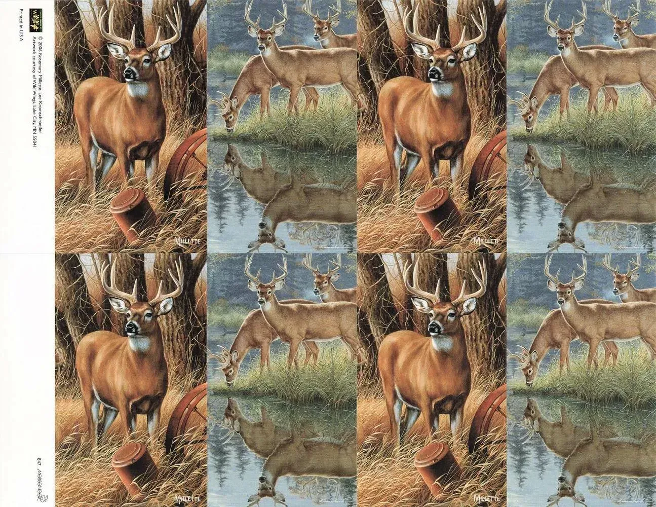 Repeating wildlife pattern of deer in forest and moose by a lake in brown, green, and blue tones