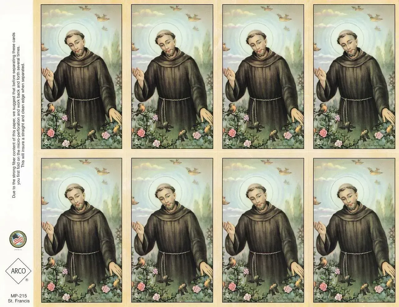Eight identical saint portraits in a 2x4 grid, each in a brown robe with flowers and a pale blue background