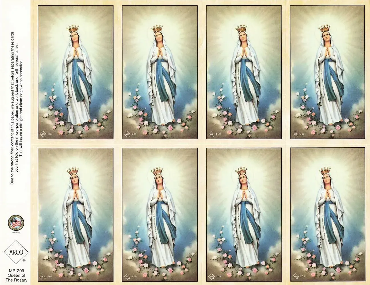 Eight vintage-style panels of a blue-robed angel statue on a beige background.