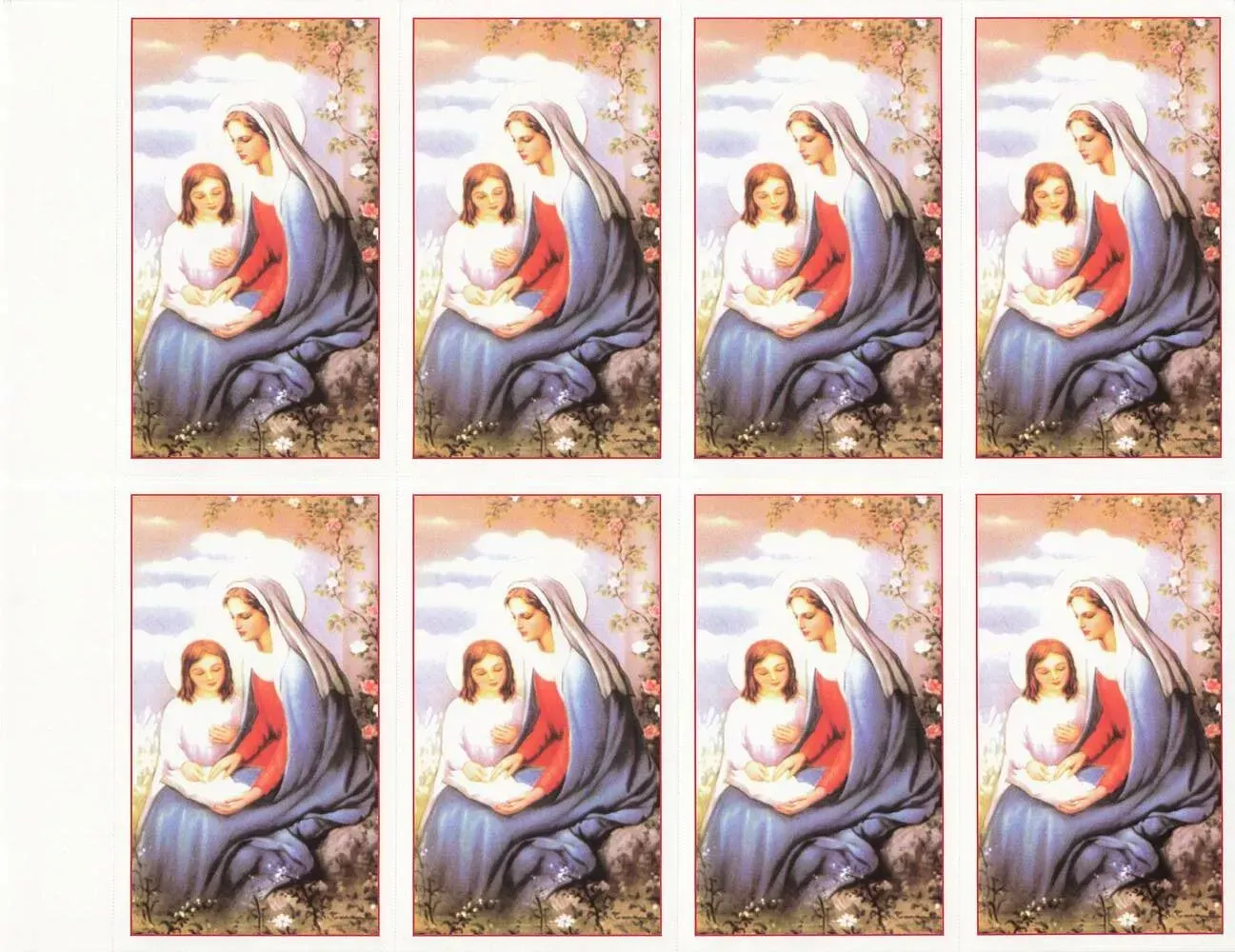 Eight small devotional illustrations of a woman and child in soft pastel colors, arranged in a grid.