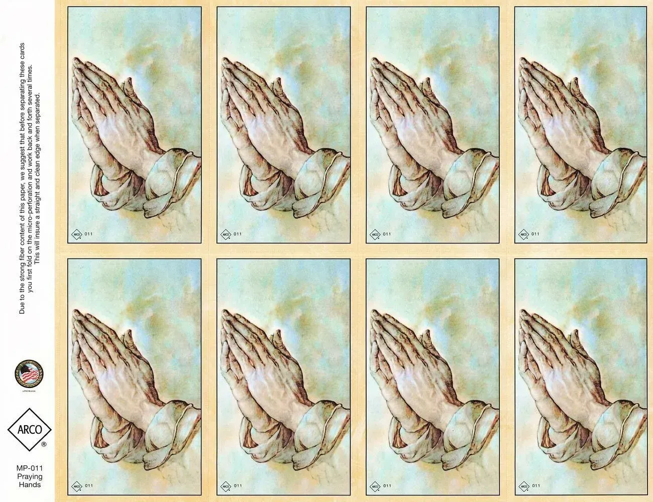 Eight illustrated praying hands panels on a beige background, arranged in a 4-by-2 grid.