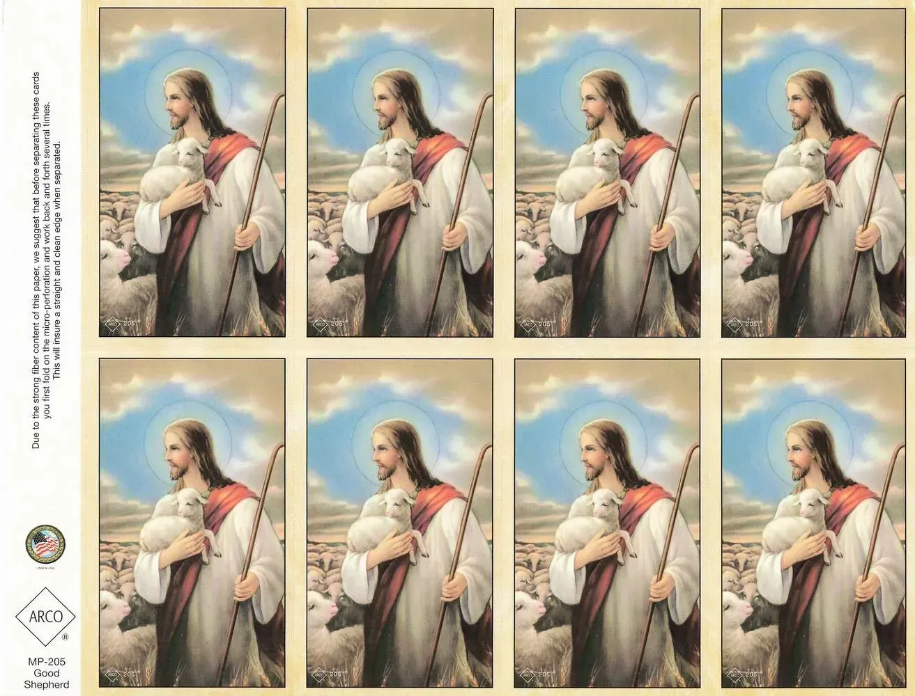 Sheet of eight identical religious prints showing a haloed figure in a white robe holding a staff