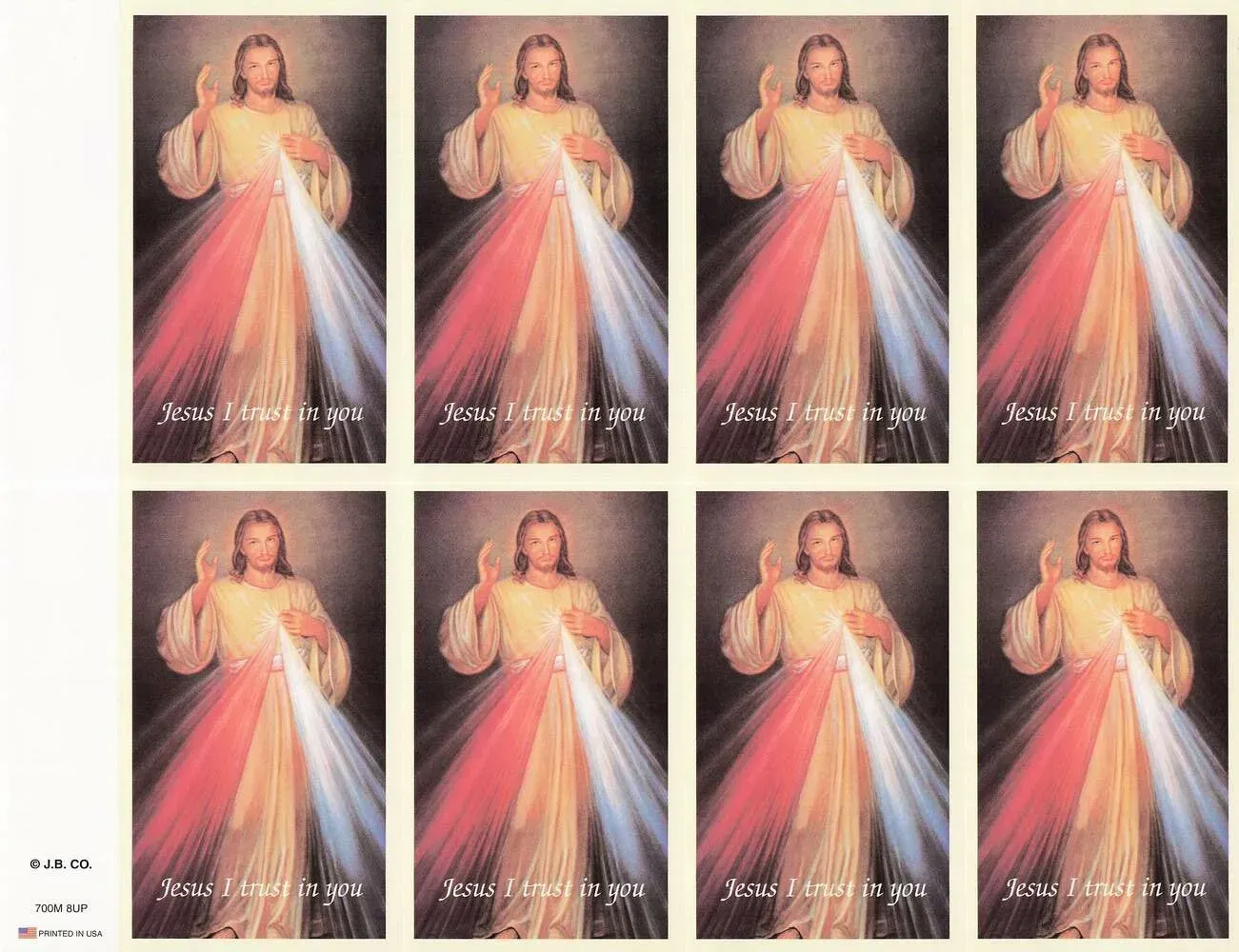 Eight identical religious prints of Jesus with glowing rays, arranged in a 2x4 grid.
