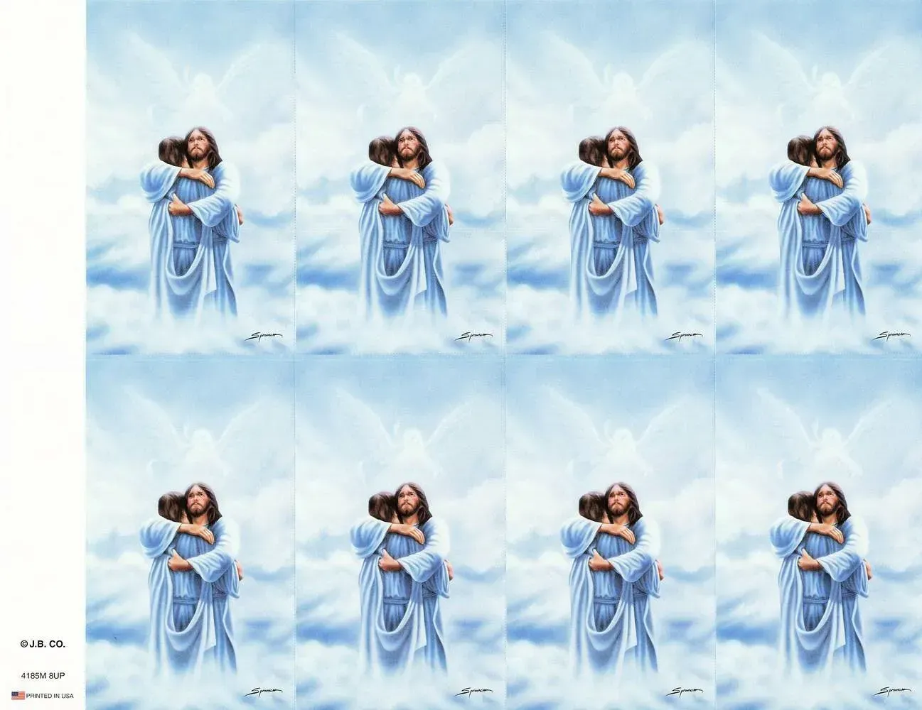 Repeating image of a woman in a flowing blue dress standing on clouds against a soft sky background