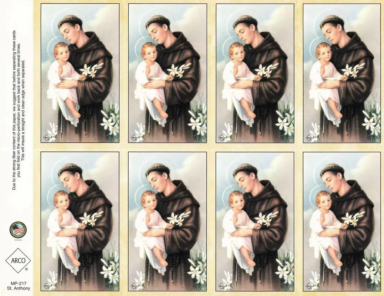 Eight repeated saint-like portraits of a robed man holding a small child on a cream background