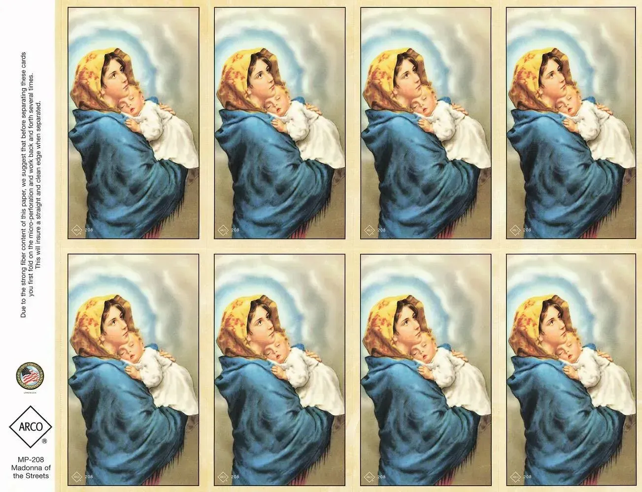 Eight repeated vintage-style prints of a blue-robed figure holding a child on a beige background.