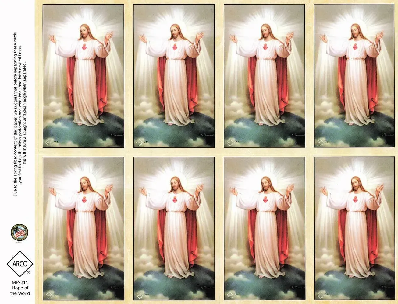 Eight identical religious-style portraits of Jesus with outstretched arms, in white and red robes, on clouds.