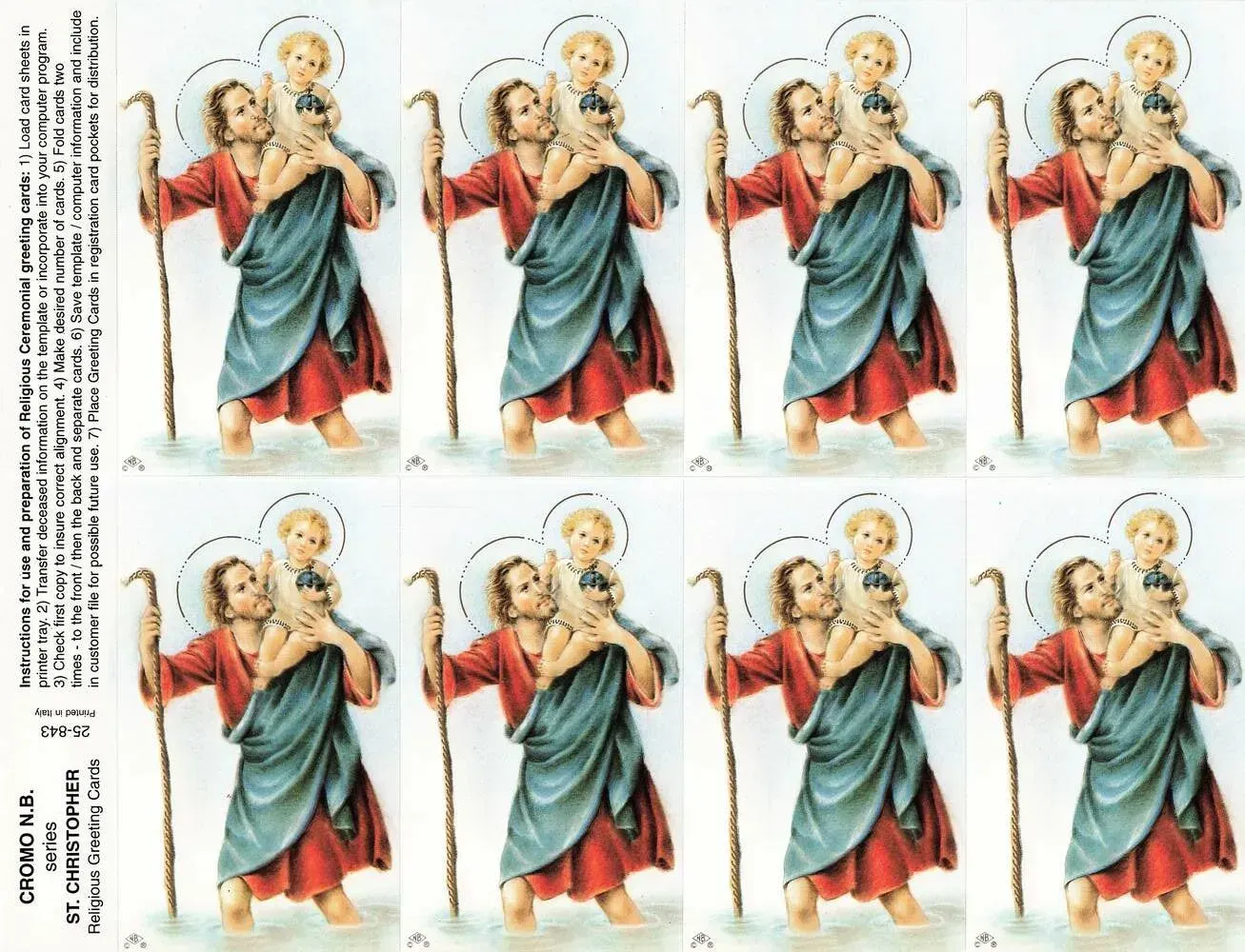 Repeated religious icon illustration of a haloed figure holding a child, in red and blue robes