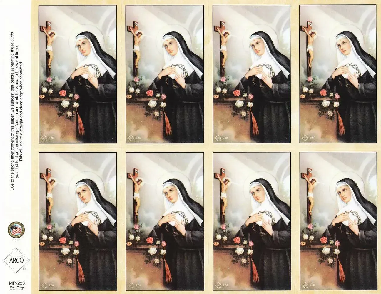 Sheet showing eight small paintings of a nun in a black habit holding flowers