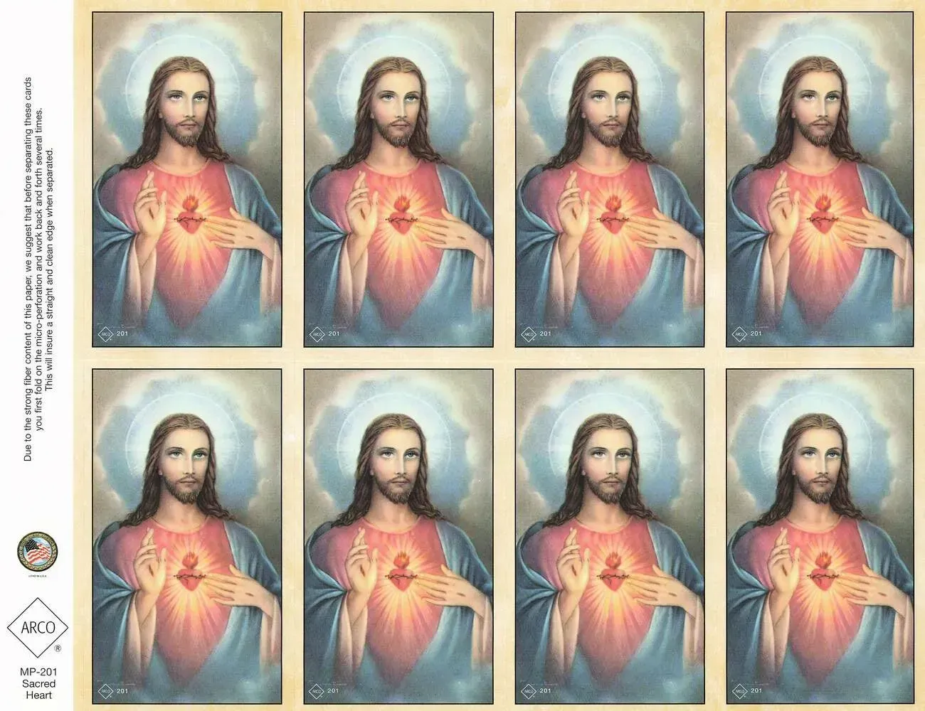 Sheet of eight Sacred Heart images of Jesus, in two rows on a beige background.