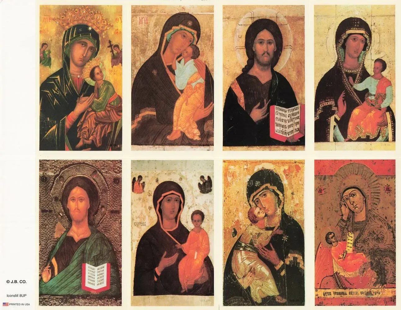 Eight small religious icon paintings of the Madonna and child arranged in two rows on a white background