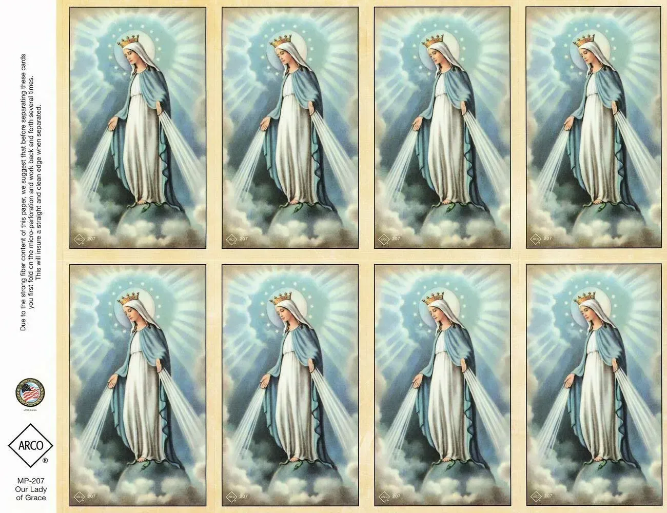 Eight vintage-style images of the Virgin Mary in a blue robe against a radiant background.