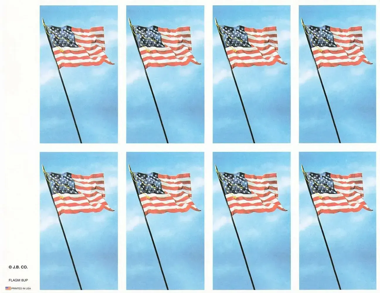 Eight-panel sequence of a U.S. flag waving on a pole against a blue sky