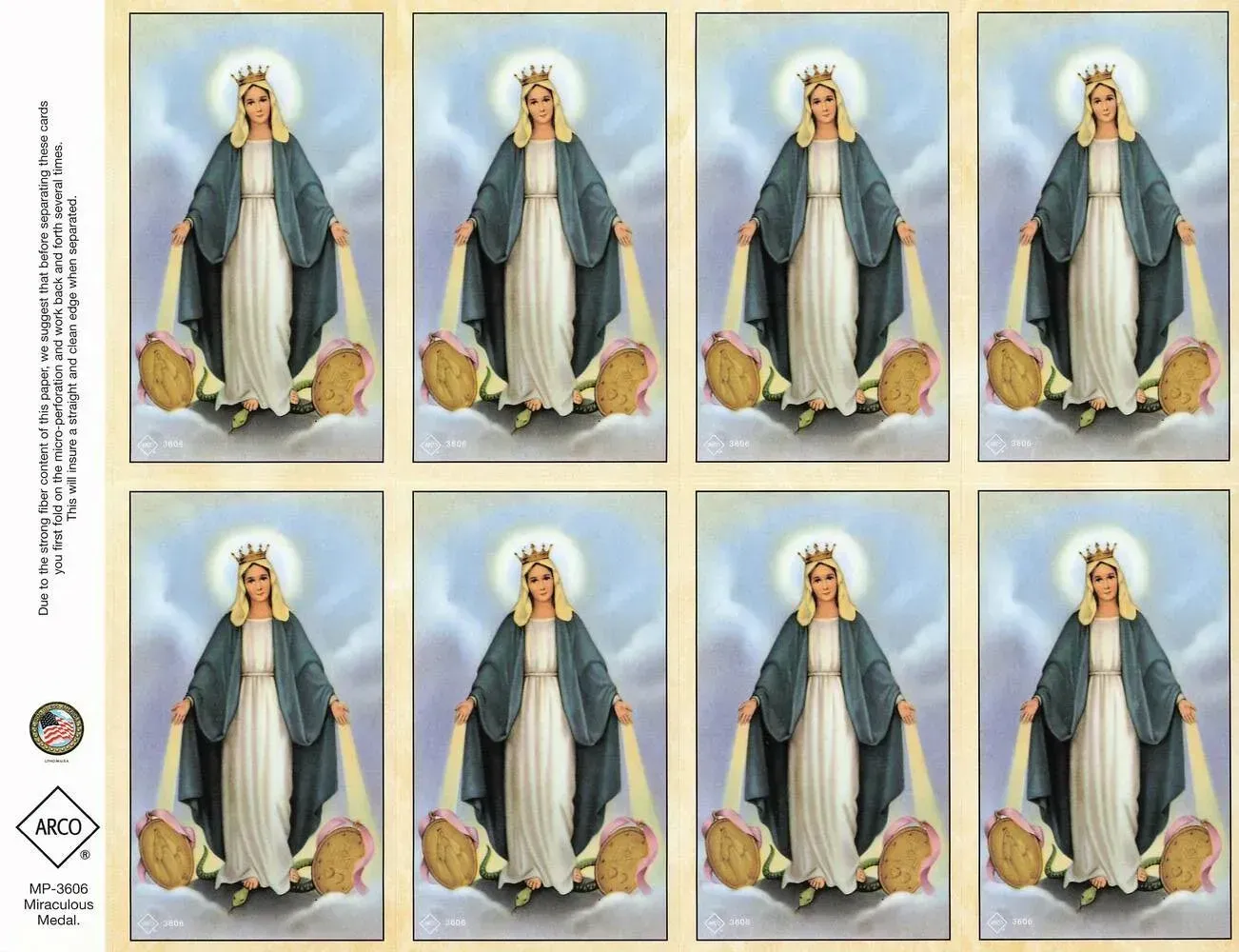 Eight identical religious figurines in blue robes arranged in a 2x4 grid on a beige background.