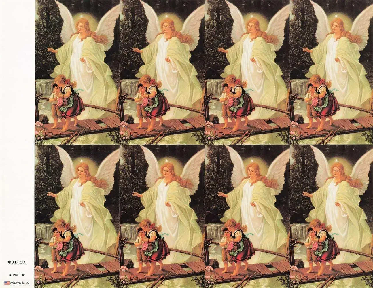 Repeated angelic figure with dark wings and child in red, tiled in a 2x3 pattern on beige background