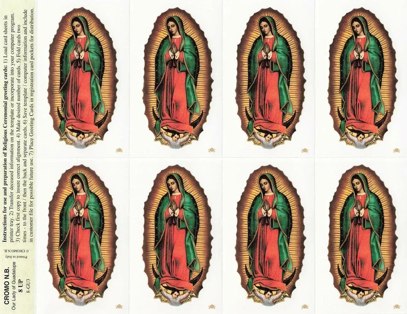 Sheet with eight identical framed Virgin of Guadalupe images on a white background